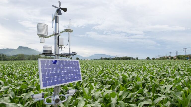 Agriculture smart precision farming technology IoT Internet of Things with solar panel and sensors